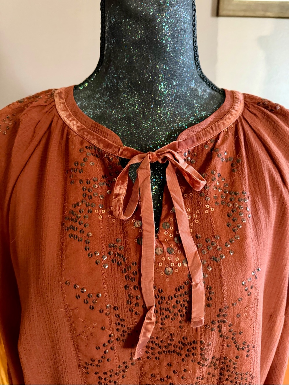 Chico's Crinkled Texture Sequins Blouse in Rust - Picture 4 of 13